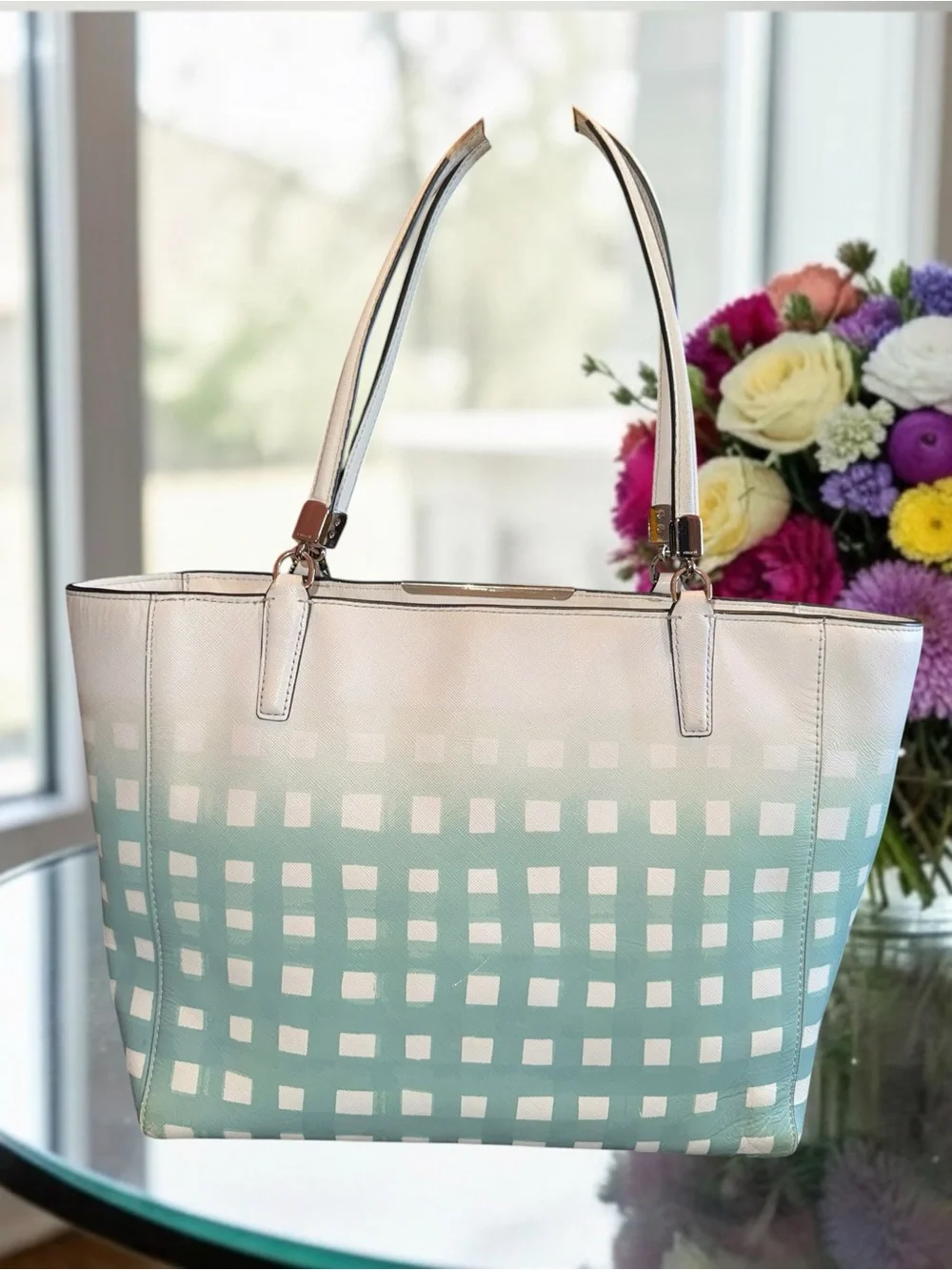 Coach Madison Gingham Saffiano Leather East West Tote Bag 30118